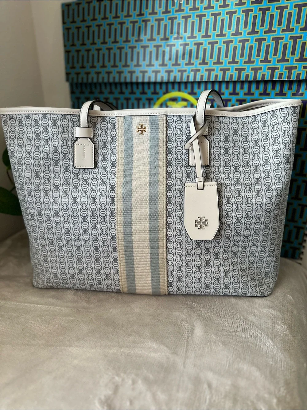 Tory Burch White & Light Blue Logo Stripe Tote